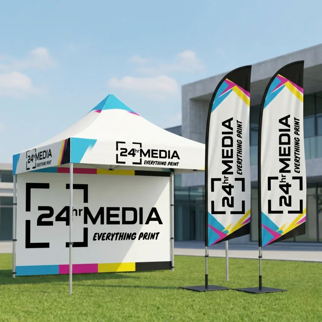 Custom branded gazebo and telescopic event flags with full color sublimation printing by 24hrMedia