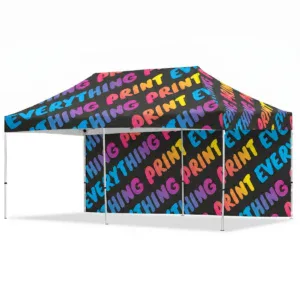Custom digitally printed full wall skin attached to a large-format 3m x 6m corporate gazebo framework