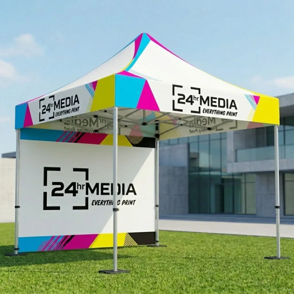 Professional 3m x 3m branded event gazebo with custom sublimation printing by 24hrMedia
