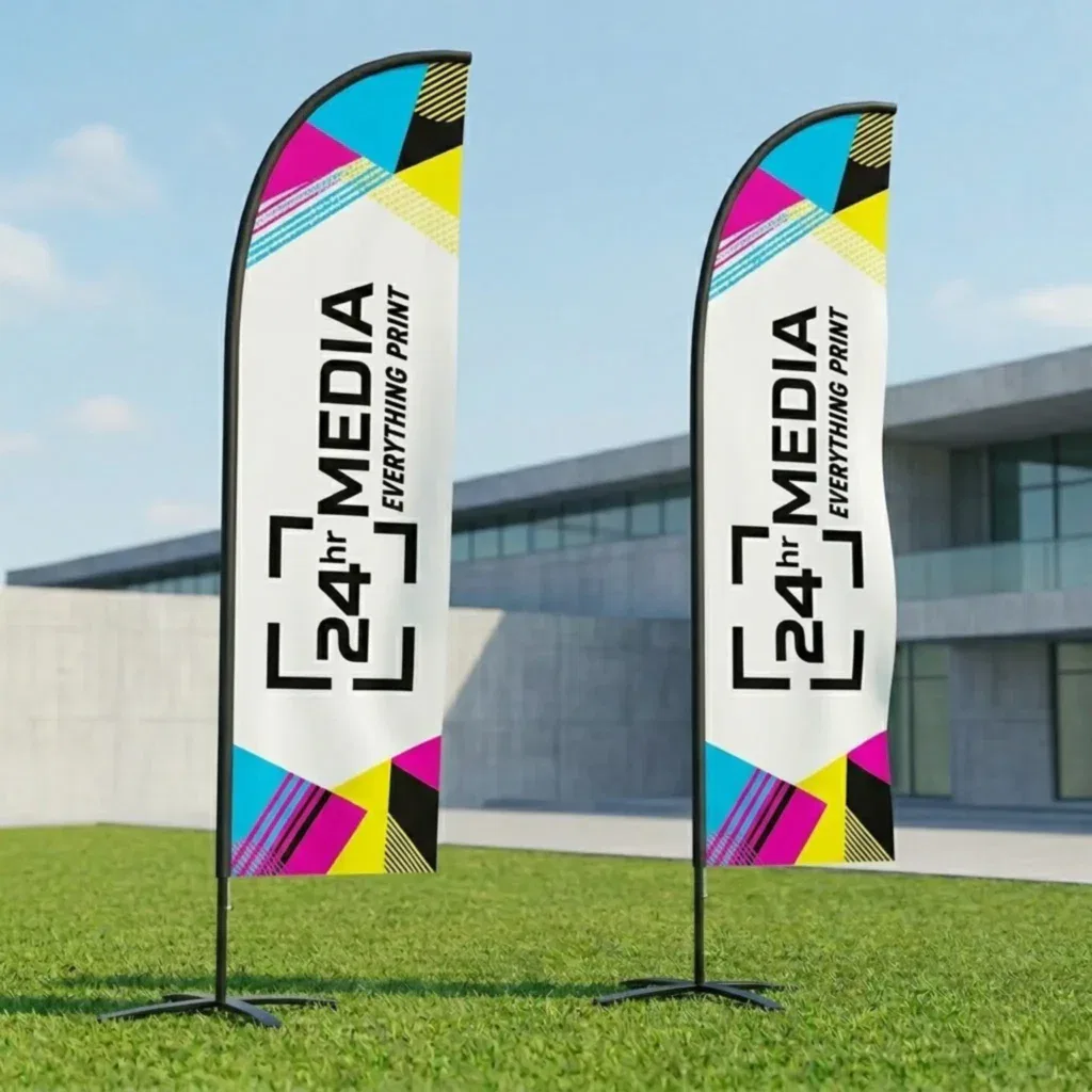 Pair of custom branded telescopic event flags with high-visibility sublimation printing by 24hrMedia
