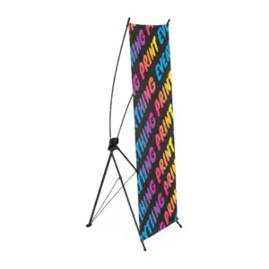 Lightweight X banners featuring a custom printed vinyl graphic face tensioned onto a flexible fiberglass X-frame display stand.