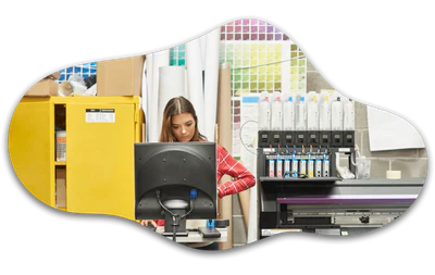 decorative image of print operator and digital printer in studio
