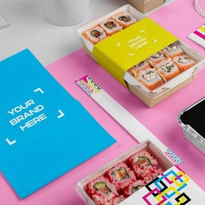 decorative image showing printed stationery and packaging items